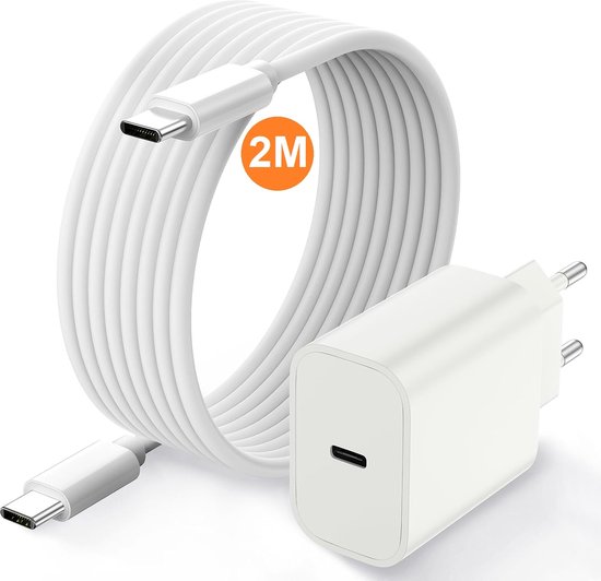 USB C Adapter 20W snellader met (2m) USB C naar USB C kabel Geschikt voor Samsung A56 / A36 / A26 /S25 Ultra / S25 Edge / A17 / A16 / A25 / A34 / A35 /A53 / A54 / A55 / S22 / S23 / S23 FE / S24 / S24 Ultra / S24fe / iPhone 15/ 16 / 16 pro