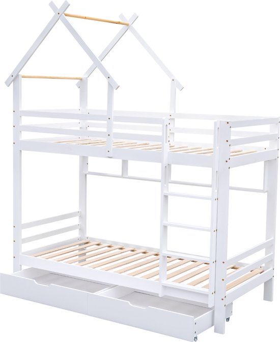 Merax Stapelbed met Opbergruimte - Hoogslaper Huisbed met Ladder - Bed voor Kinderen - Wit