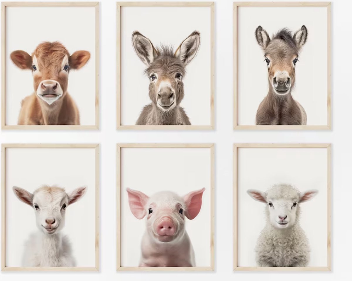 Boerderij dieren kinderkamer posters 6 stuks - Set kinderkamer decoratie dieren poster