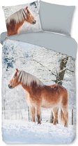 Warme flanel kids dekbedovertrek Winter Paard - 140x200/220 (eenpersoons) - vrolijk dessin - heerlijk zacht - huidvriendelijk - donsachtig laagje - hoogwaardige kwaliteit - ideaal tegen kou