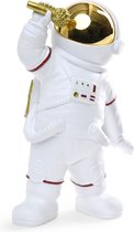 BRUBAKER Decoratieve figuur astronaut zanger - 20 cm ruimtefiguur met microfoon en verchroomde helm - handbeschilderd modern ruimtevaartbeeld voor muzikanten - wit en goud