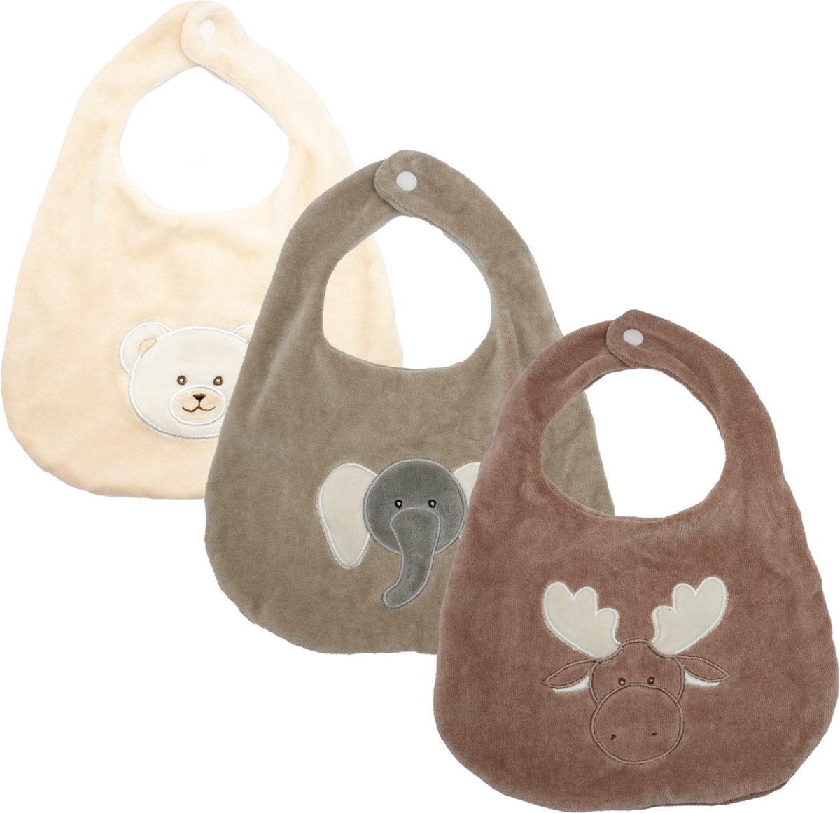 Goedkoopste Slabbetjes bundel - Beer/Olifant/Rendier - zachte stof met drukknop