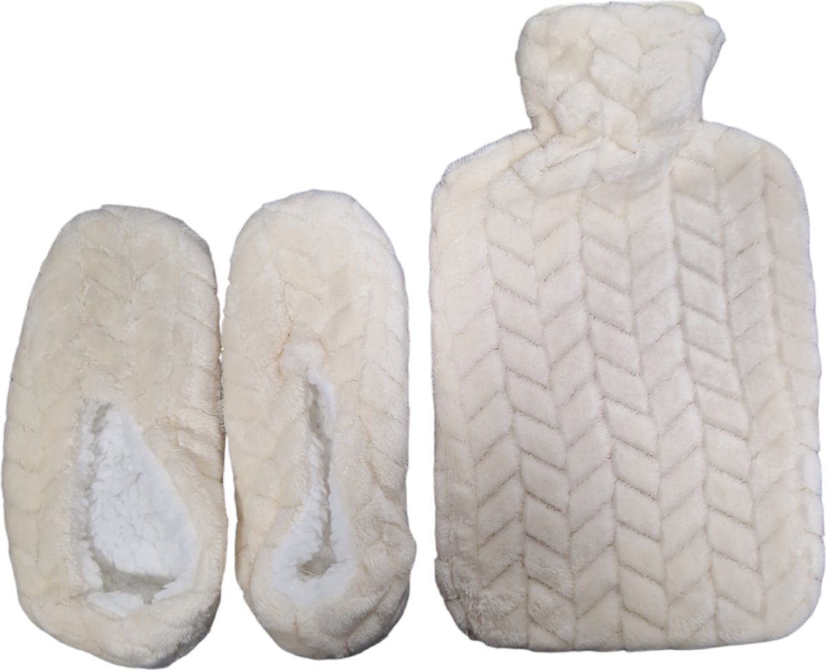 Goedkoopste Warmwaterkruik met Pantoffels / Slippers - Warme Voeten - 2 Liter - Beige