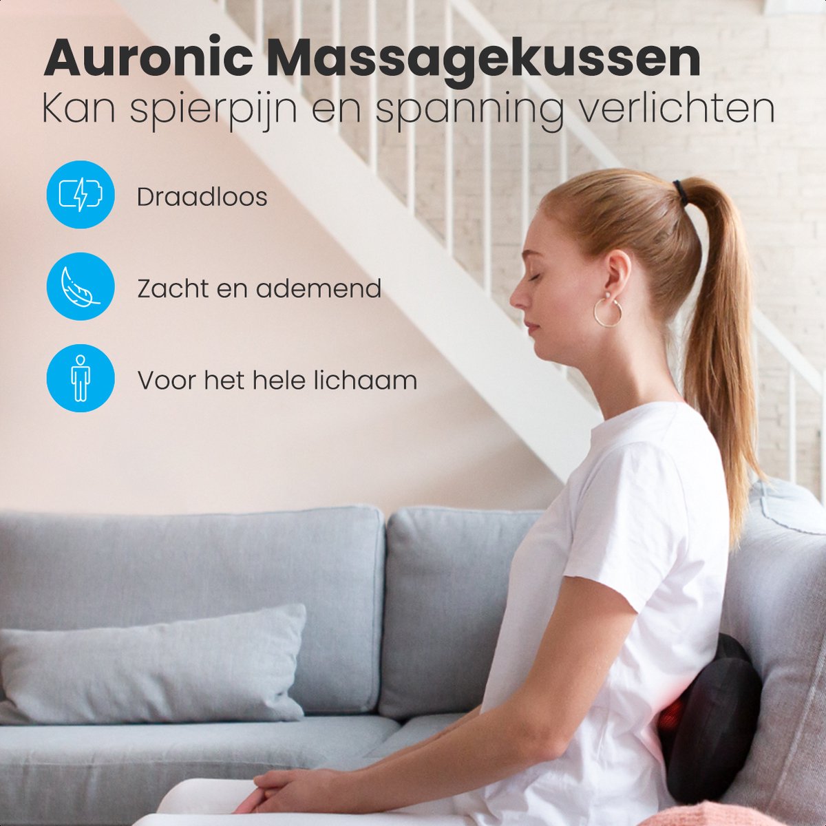 Afbeelding 2 van Auronic Draadloos Shiatsu Massage kussen - Elektrisch Nek en Rug Massage Apparaat - Warmte Functie - Zwart