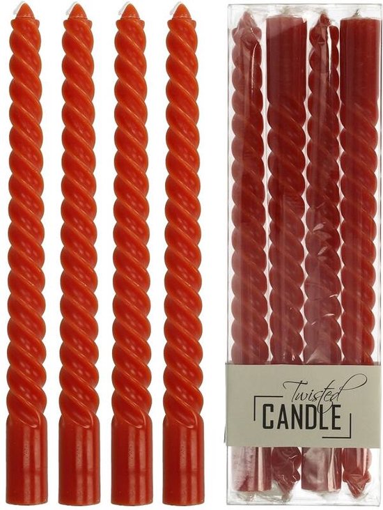 Gedraaide kaarsen - Set van 4 stuks - 26cm - Twisted candles  - Swirl kaarsen - Rood