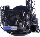 Trendopolis Donkerblauw met goudspetters Porseleinen Servies Set - 32 Stuks- Diner Plaat, Taart Plaat, Kommen, Koffie mokken