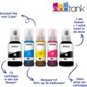 Vier Epson EcoTank-inktflessen: zwart, cyaan, geel, magenta. Een vijfde zwarte fles staat ernaast. De tekst geeft aan "inclusief inkt voor 3 jaar".