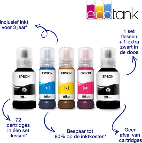 Vier Epson EcoTank-inktflessen: zwart, cyaan, geel, magenta. Een vijfde zwarte fles staat ernaast. De tekst geeft aan "inclusief inkt voor 3 jaar".