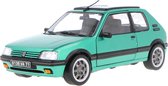 Het 1:18 gegoten model van de Peugeot 205 1.9 GTI met raamdak uit 1991 in groen. De fabrikant van het schaalmodel is Norev. Dit model is alleen online verkrijgbaar