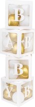Vier doorzichtig letter ballon blokken wit met 24 ballonnen goud en wit - ballonblok - ballonbox - baby - geboorte
