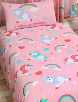 Peuter / junior / meisjes dekbedovertrek (dekbed hoes) roze "I believe in unicorns" met schattige eenhoorns (paardjes), regenbogen (regenboog), hartjes en sterren 120 x 150 cm (beddengoed kinderen / kinderkamer / meiden slaapkamer!)