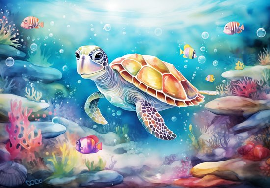 Fotobehang - Schildpad - Dieren - Oceaan - Water - Blauw - Vliesbehang- 104x70cm (lxb)