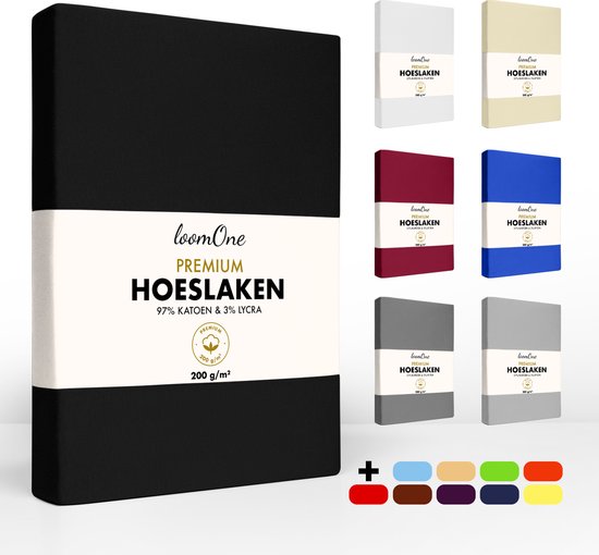 Hoeslaken Loom One Premium – 97% Jersey Katoen / 3% Lycra – 120x200 cm – jusqu'à 25 cm d'épaisseur de matelas – 200 g/m² – pour Lit à Eau Boxspring - Zwart