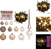 vidaXL Kerstballenset - Glanzend roségoud - mat roségoud en glitter roségoud - 20x3cm - 21x4cm - 20x6cm - 150 LEDs - 8 lichteffecten - Kerstbalhaakjes
