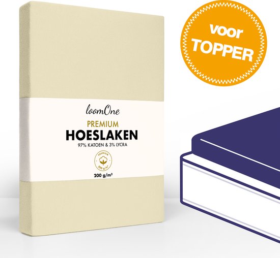 Loom One Premium Topper Hoeslaken – 97% Jersey Katoen / 3% Lycra – 140x200 cm – tot 12cm matrasdikte– 200 g/m² – voor Boxspring-Waterbed - Natural / Crème