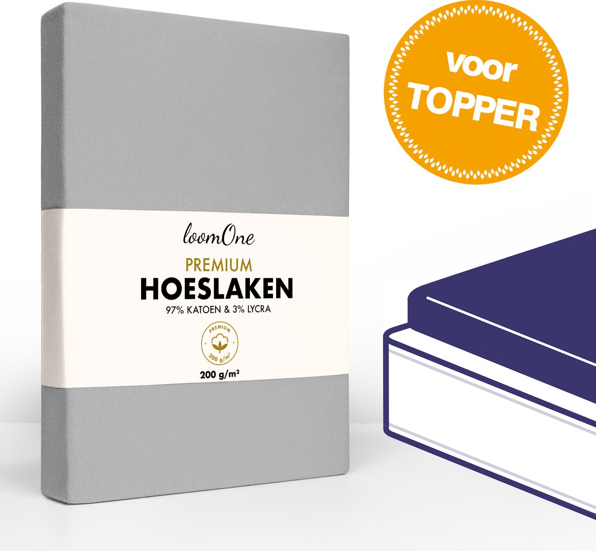 Loom One Premium Topper Hoeslaken – 97% Jersey Katoen 3% Lycra – 160x200 cm – tot 10cm matrasdikte– 200 g m² – voor Boxspring-Waterbed Grijs
