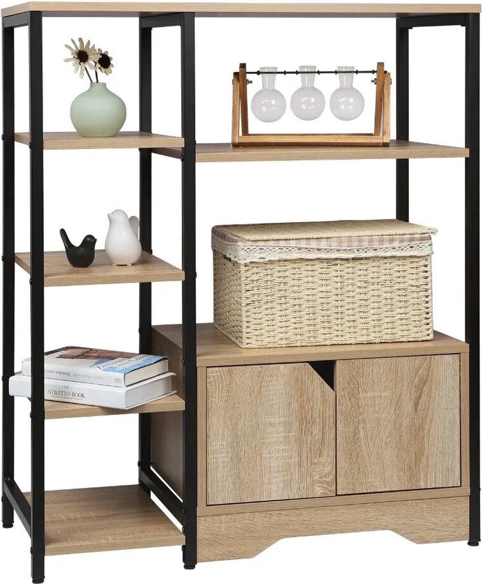 BukkitBow - Moderne Boekenkast / Woonkamer Kast - Met 6 Opslagplanken en Dichte Kastjes - Geschikt voor Keuken en Woonkamer - 80X97X35CM - Zwart met Licht Eikenhout