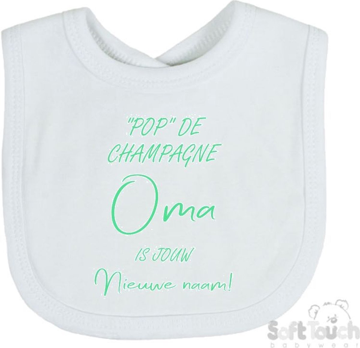 Goedkoopste Soft Touch Slabber Slabbetje Slab Pop de champagne Oma is jouw nieuwe naam! Unisex Katoen Wit/mint Maat 33x22 Cm