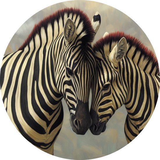 De Muurdecoratie - Twee zebra's schilderij 90x90 cm - Wanddecoratie rond - Muurcirkels - Woonkamer schilderijen - Dieren - Kantoor decoratie - Slaapkamer accessoires - Decoratie woning