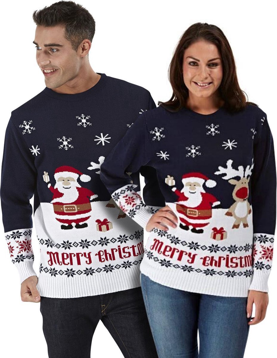 Foute Kersttrui Dames & Heren - Unisex - Rendier & Kerstman Donkerblauw - Kerst trui Mannen & Vrouwen Maat XL