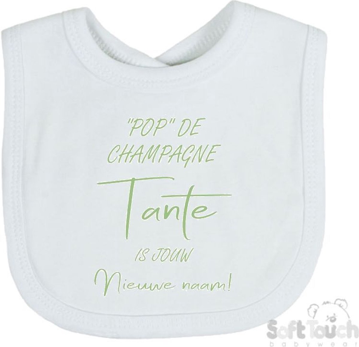 Goedkoopste Soft Touch Slabber Slabbetje Slab Pop de champagne Tante is jouw nieuwe naam! Unisex Katoen Wit/sage green (saliegroen) Maat 33x22 Cm