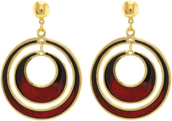 Behave Dames oorbellen hangers rond goud-kleur en rood 5 cm
