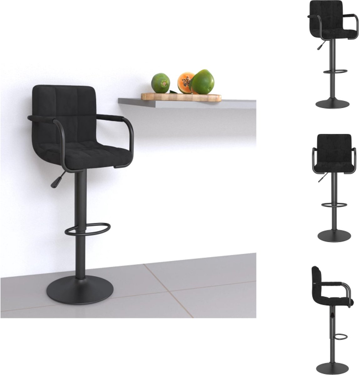 VidaXL Barkruk Velvet Zwart 48 x 47 x (90 111) cm Gasveermechanisme Barkruk