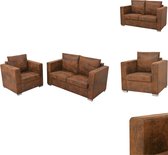 vidaXL fauteuil en 2-zitsbank - bruin - houten frame - kunstsuède bekleding - vintage suède-look - afneembare zit- en rugkussens - eenvoudig te monteren - Bank