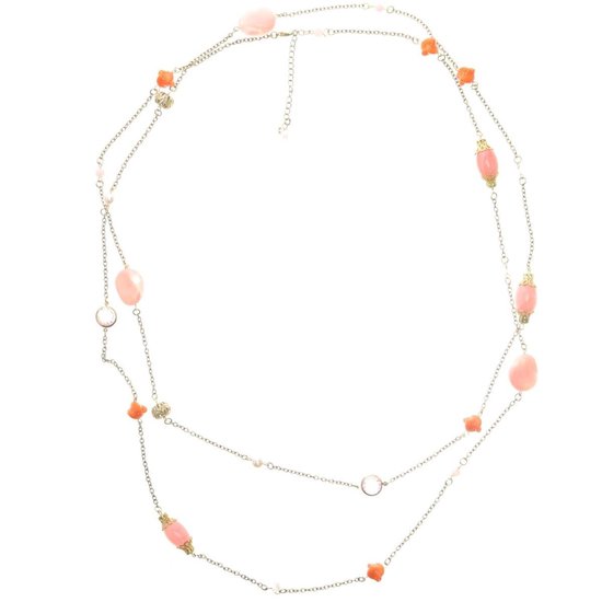 Behave Sautoir couleur or avec perles roses et oranges 185 cm