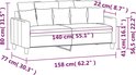 Afmetingen van een gele tweezitsbank met kussens, met een schematische weergave.