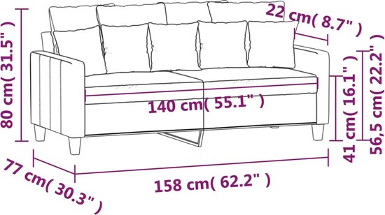 Afmetingen van een gele tweezitsbank met kussens, met een schematische weergave.