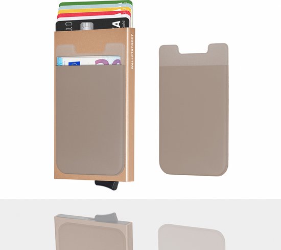 Walletstreet Uitschuifbare Pasjeshouder Slim-Fit Plus Collection Aluminium Creditcardholder/Card Protector Anti-Skim/ RFID 7 Pasjes Met Plakwallet – Voor Mannen & Vrouwen -Kerstcadeau Ideale Geschenk- Goud/Gold