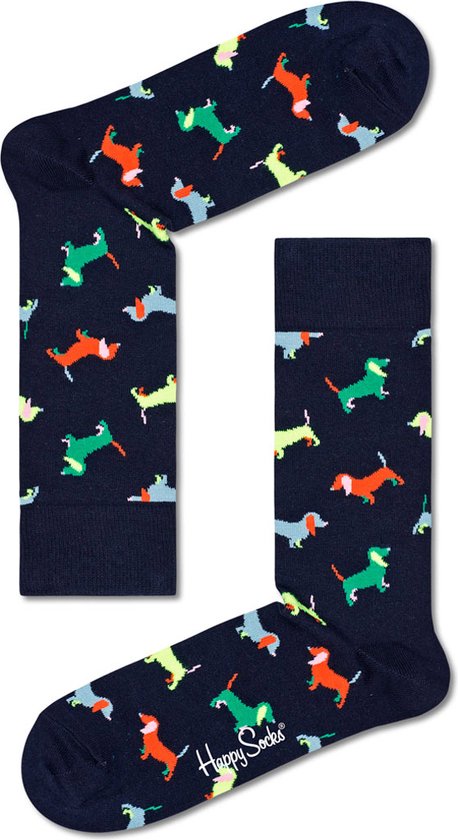 Happy Socks Puppy Love Sock - unisex sokken - zwart met gekleurde hondjes - Unisex - Maat: 41-46