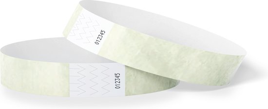 Deux bracelets Tyvek couleur crème clair superposés, avec motif en zigzag et numéro sur l'onglet blanc.