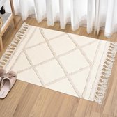 Getufte kleine tapijten 60x90 badkamerkleed, Boho Beige katoenen tapijt met handgeweven kwastjes, wasbaar vloerkleed voor keuken woonkamer hal