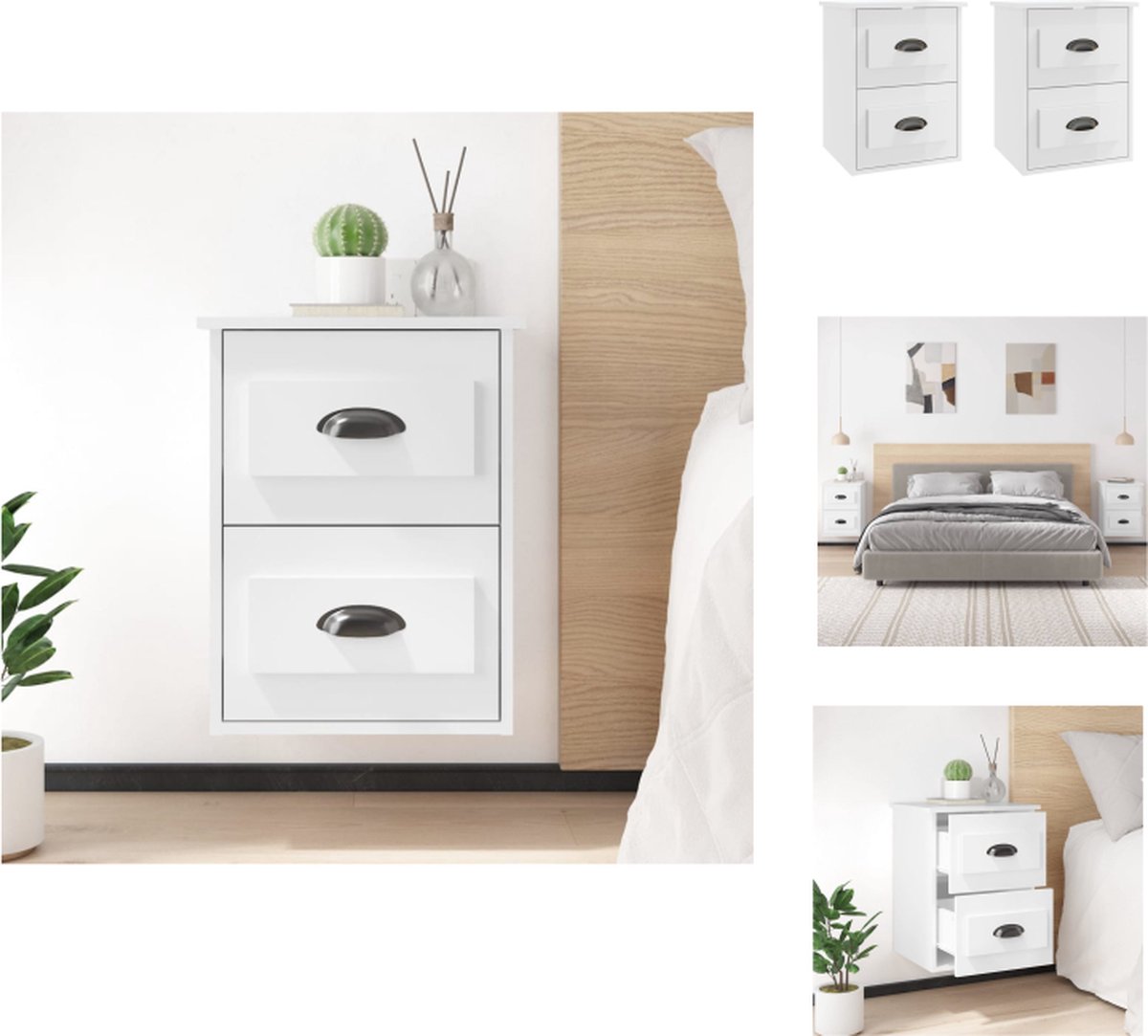 VidaXL Wandgemonteerde Nachtkastjes 2 Stuks Hoogglans Wit 41.5 x 36 x 53 cm Duurzaam Materiaal Kast