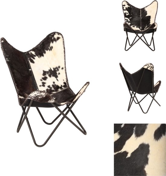 vidaXL Vlinderstoel Vintage - Zwart en wit - 74 x 66 x 90 cm - Echt geitenleer - Fauteuil