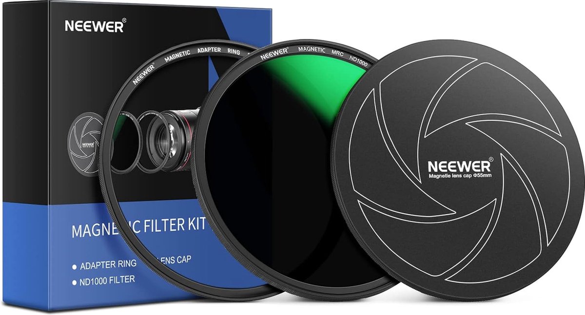 Neewer® - 55mm3-in-1MagnetischeND Lens Filter Set - Inclusief 10-Stop Vaste Neutrale Dichtheid ND1000 Filter+Adapter Ring+Lens Filter Cap met 42-Lagen Coating/Ultra-Slank/Krasbestendig HD Optisch Glas - Verbeter de Fotografische Precisie van Je Lens