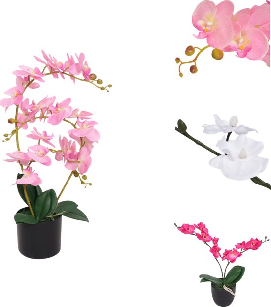 vidaXL Kunst Orchidee - Levensecht - Decoratieve kunstplant - 65 cm hoog - 4 bladeren - 21 bloemen - Roze - Stof bloemen - Kunststof bladeren - Kunststof en ijzerdraad takken - Inclusief kunststof pot - Polyester materiaal - vidaXL - Kunstplant