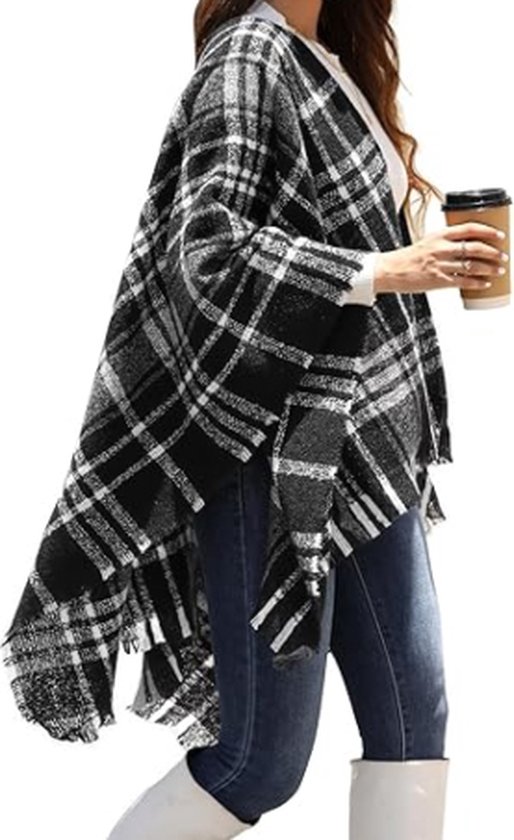 Poncho Cape dames warm open voorkant bedrukt gebreide plaid kwastje sjaal wrap oversized deken vest trui sjaal jas - Zwart+wit