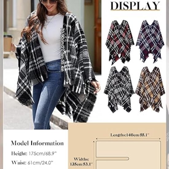 Dames Sjaal Wrap, Open Poncho, Cape Vest, Oversized Truien voor Herfst en Winter,Zwart Wit