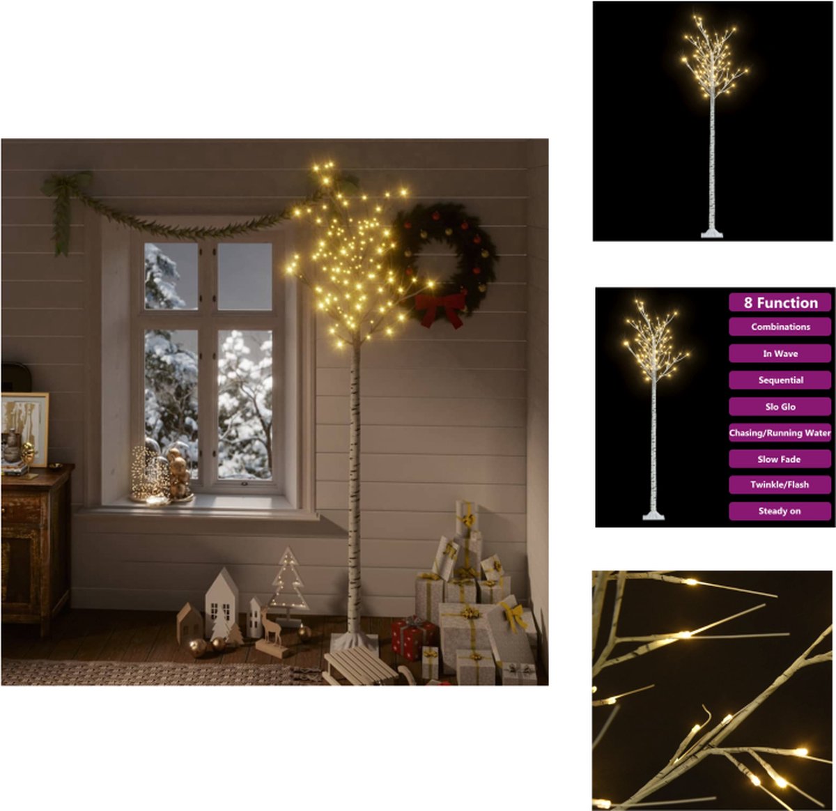 vidaXL Kunstkerstboom LED Verlicht - 220cm - Wilgen Stijl - Wit - Warmwit - IP44 - Decoratieve kerstboom