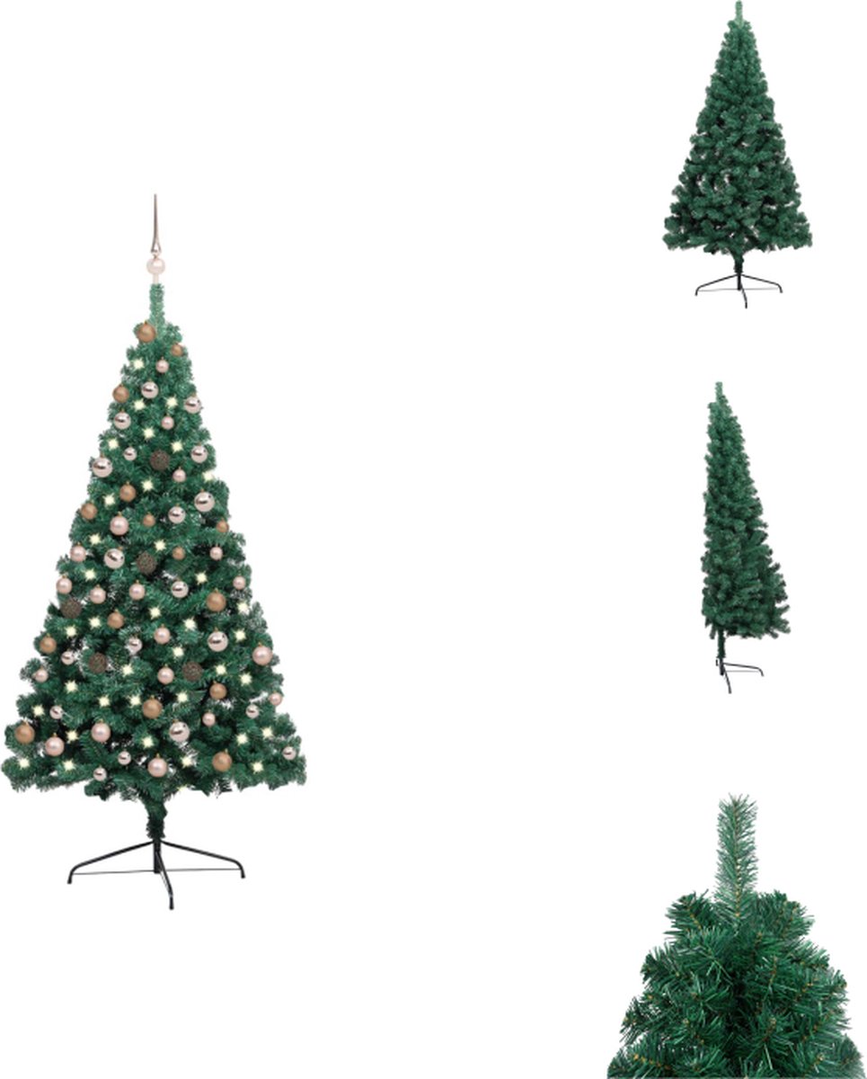 vidaXL Kunstsierboom Halfrond 180 cm PVC - Met LED-verlichting - Incl - Kerstballen en Piek - Decoratieve kerstboom