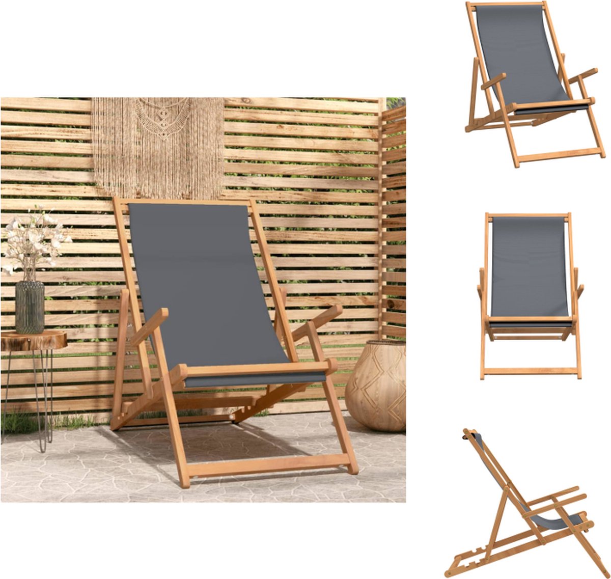 VidaXL Inklapbare Strandstoel Grijs 60 x 126 x 87.5 cm Hoogwaardig Teakhout Tuinstoel