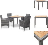 vidaXL Poly Rattan Tuinset - Grijs - Eettafel met Acaciahouten Blad - 90x90x75 cm - Inclusief 4 Stoelen en Kussens - Tuinset