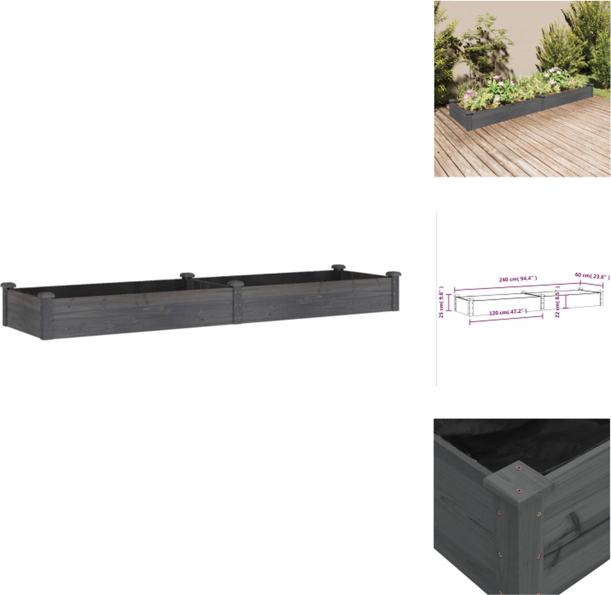 VidaXL Verhoogd plantenbak Massief vurenhout Grijs 240 x 60 x 25 cm Met open bodem Bloempot
