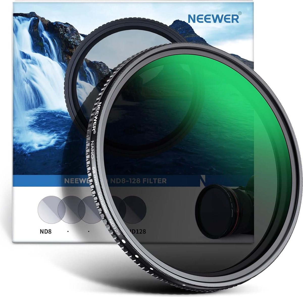 Neewer® - 58mm Variabel ND-filter ND8-ND128 camerobjectief filter (3-7 diafragma's) Geen X-kruis ultra-dun HD-filter met neutrale dichtheid en 30 meerlaagse nano-coatings, inclusief reinigingsdoek