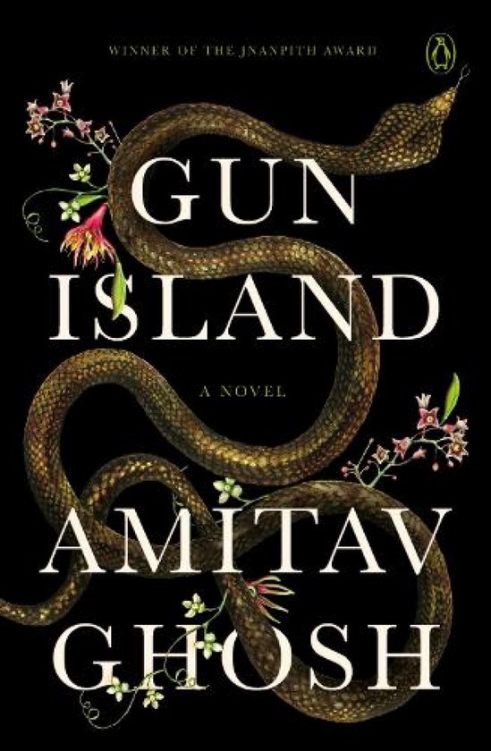 Boekcover met een slang en bloemen. Titel: Gun Island.