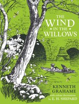 Boek "The Wind in the Willows" met illustraties van E.H. Shepard: Een boom op de voorgrond, met op de achtergrond een bootje op het water en bruggen.