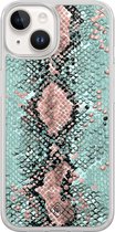 Casimoda® hoesje - Geschikt voor iPhone 14 - Slangenprint pastel mint - 2-in-1 case - Schokbestendig - Slangenprint - Verhoogde randen - Mint, Transparant